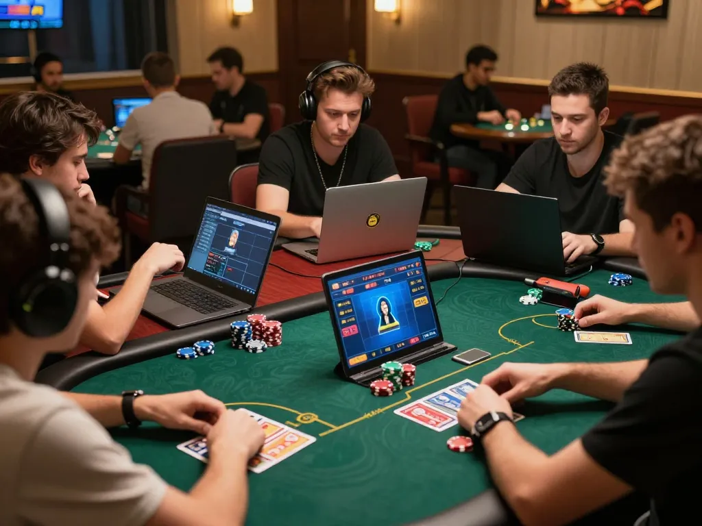 G28 players engaging in an intense online poker game with chips and community cards on screen.