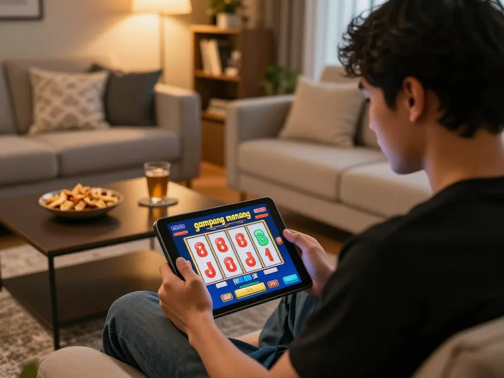 Enjoying an online session of slot gacor gampang menang in a cozy living room environment, showcasing the comfort of home gaming.