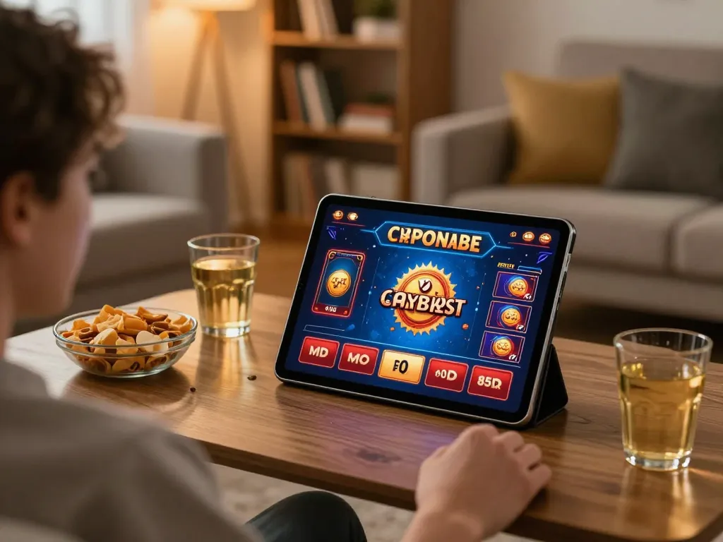 Engaging with Ga28 online casino app on tablet in a cozy home setting.