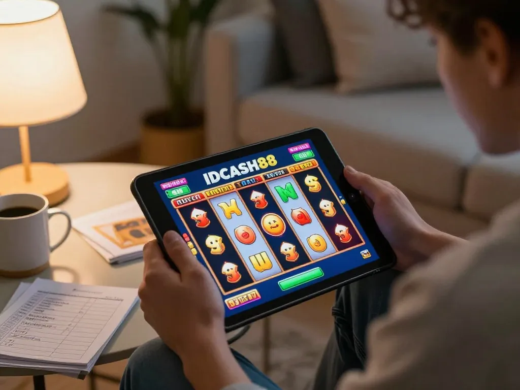 Player engaging with IDCASH88 online slots, vibrant reels spinning on tablet in a cozy living room.