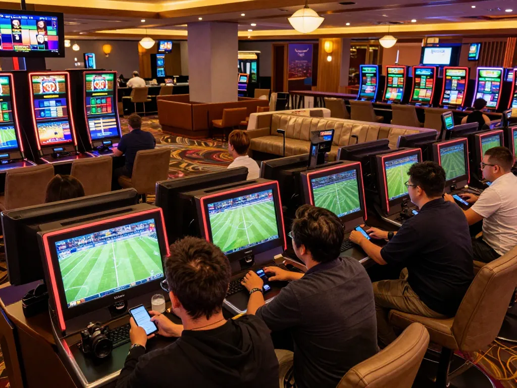 KQBD patrons celebrating wins while engaged in sports betting at a modern casino lounge