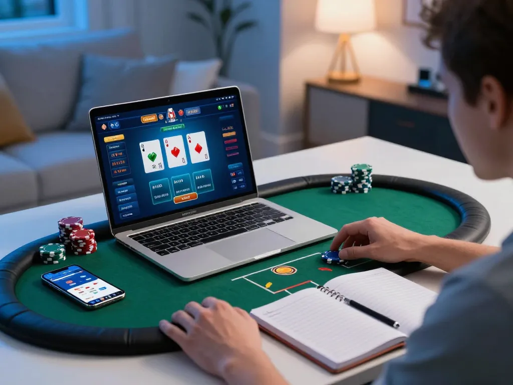 Player managing bets on rokok88 online poker platform with strategic notes nearby in a cozy home office.