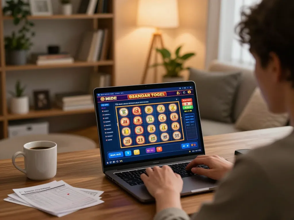 Pemain terlibat dengan permainan Bandar Togel Slot di laptop di rumah, memperlihatkan perjudian online yang bertanggung jawab.
