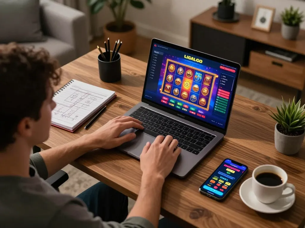 LIGALGO player enjoying an engaging online gaming experience at home with a laptop and slot game interface.