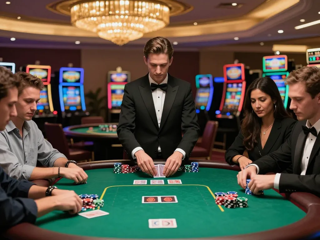 Players strategizing at an intense QQSLOT poker game, vibrant casino environment, high confidence.