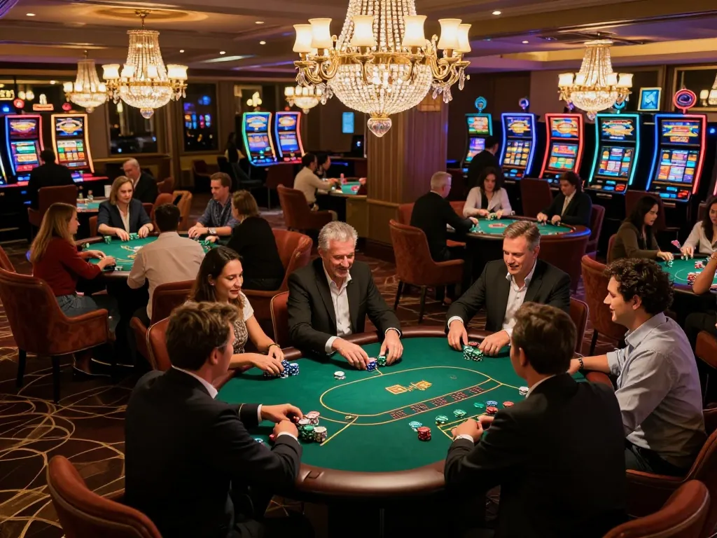 A lively gaming evening at alo88 eu com featuring a high-stakes poker game amidst a vibrant casino atmosphere.
