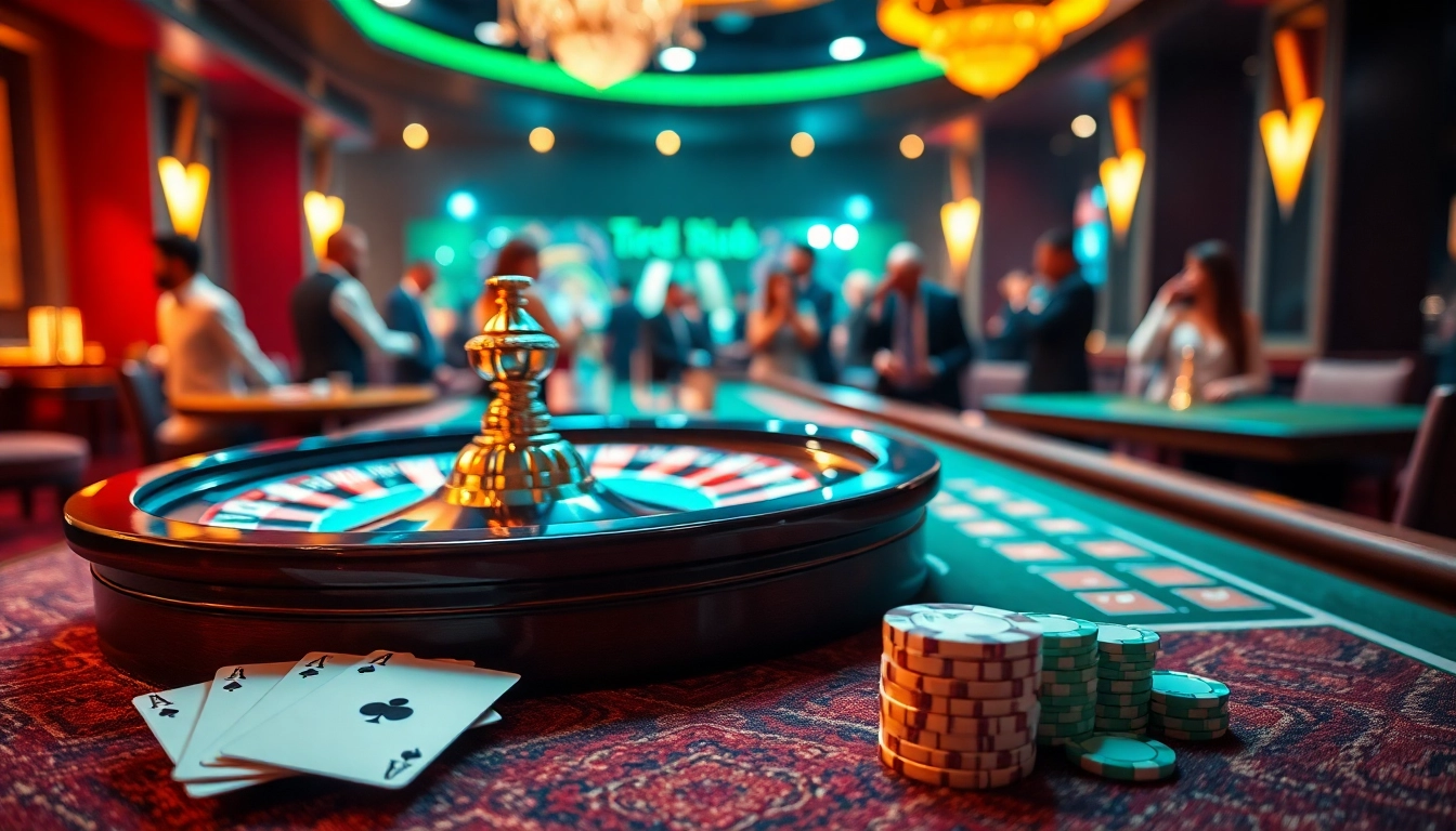 Aktivitas judi yang ramai di kasino dengan fokus pada tkp188 dan meja roulette yang mewah.