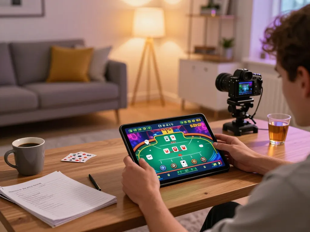 Player engaging in online poker game on SC88E tablet in cozy home setting