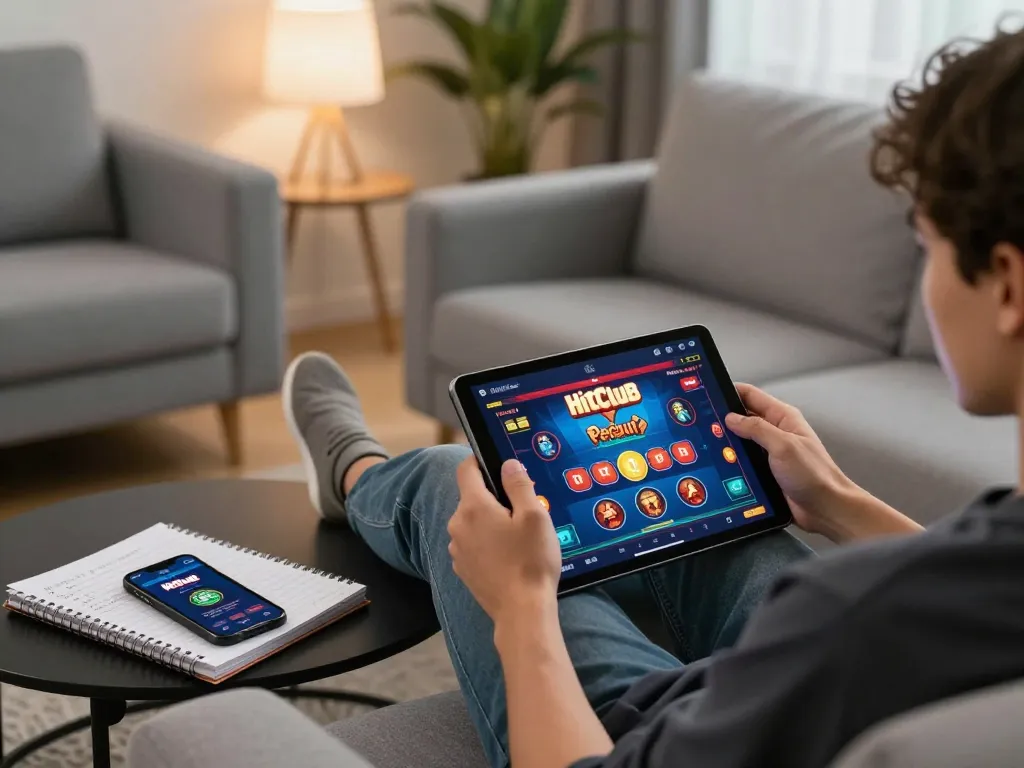 Engaging user experience at Hitclub with visible gaming strategies on the tablet.