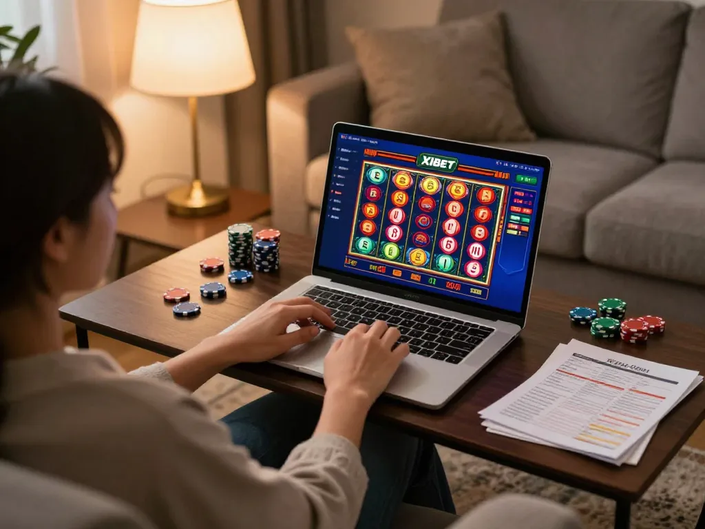 Xibet player strategizing while using a laptop for online casino gaming at home.
