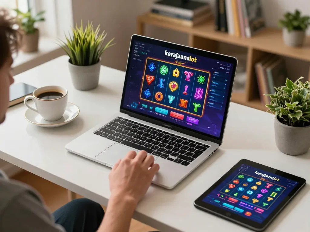 Engaging with kerajaanslot online gaming interface on a laptop, cozy workspace illuminated by natural light