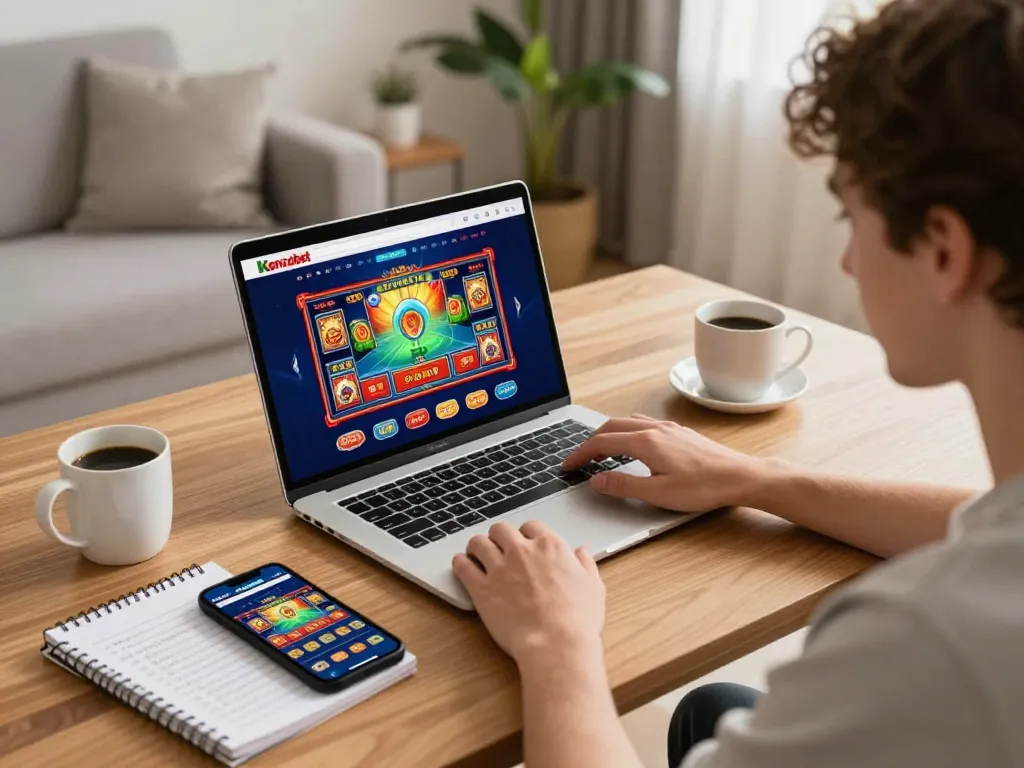 Kenzobet user engaging in online slot gameplay on laptop in a cozy home setup.