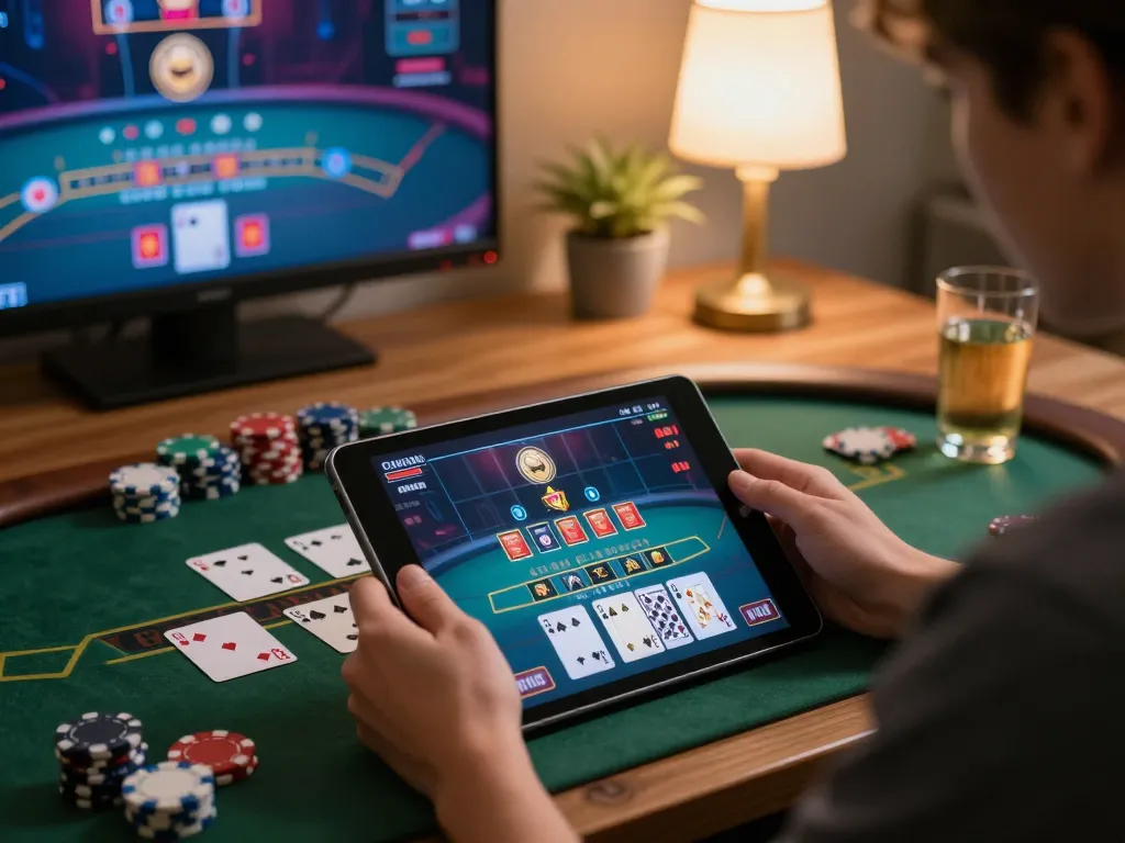 Engaged player using online casino app llwin on a tablet for blackjack strategy.