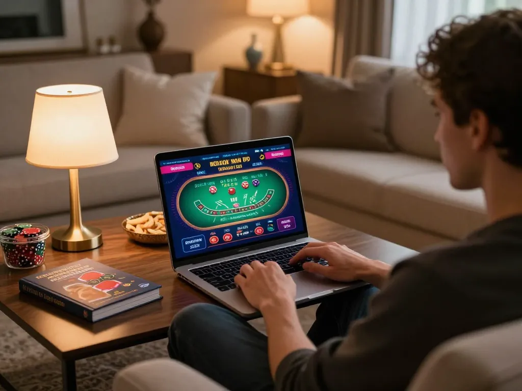 thương hiệu SC88 features an engaging online blackjack game in a cozy home setting, showcasing a player’s excitement.