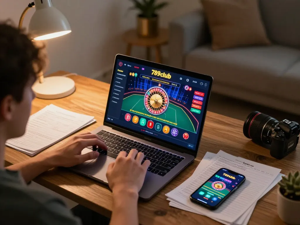 Engaging gameplay on 789club showcasing a relaxing home gaming experience with a laptop and strategy notes.