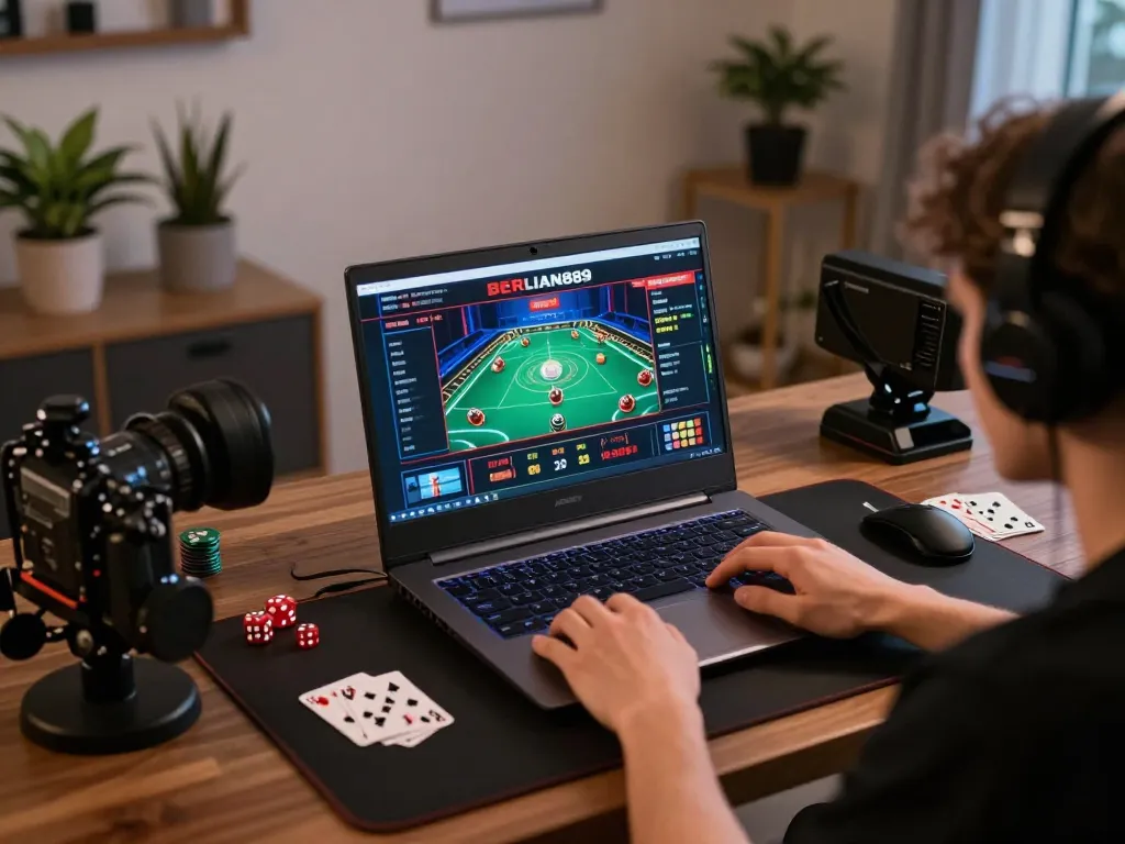 Engaging gameplay on BERLIAN889 casino app displayed on laptop, surrounded by gaming accessories.