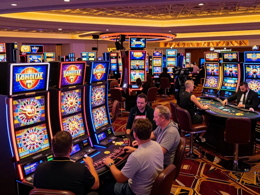 Pemain menikmati permainan slot yang mendebarkan di 88Pulsa dalam suasana kasino Las Vegas yang penuh warna.