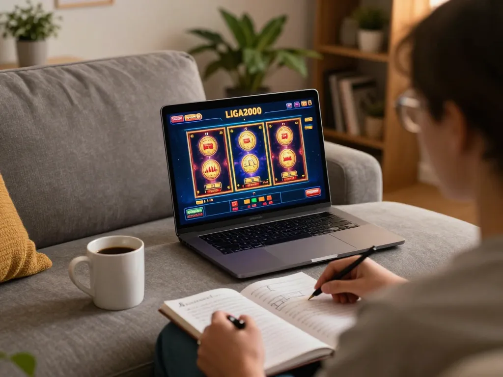 LIGA2000 online slot gaming session with laptop at home, emphasizing strategic notes and cozy atmosphere.