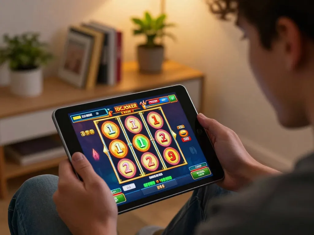 IDCJOKER slot gameplay on tablet shows vibrant reels spinning in a cozy gaming nook.