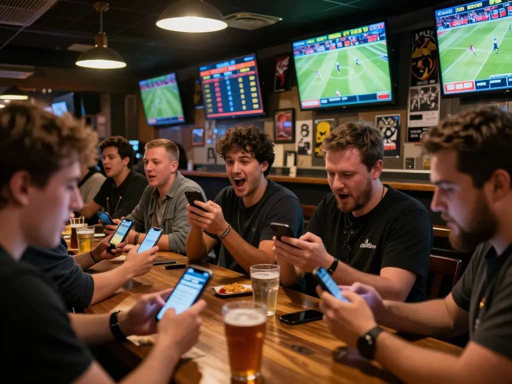 CakhiaTV mobile app screenshot with users placing bets in a lively sports bar atmosphere