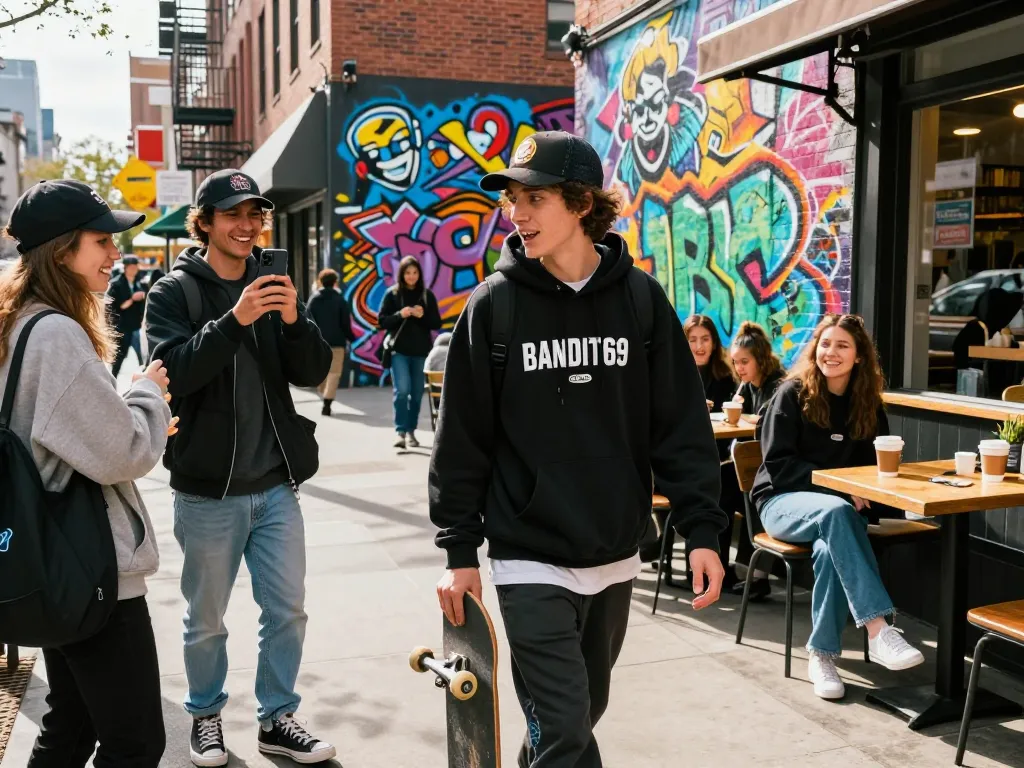 Young adult showcasing BANDIT69 streetwear in vibrant urban setting, capturing youthful energy and culture.