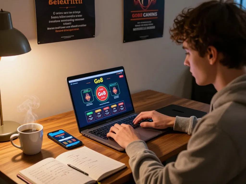 Player engaging with Go8 online casino on laptop, showcasing strategic gambling setup at home.