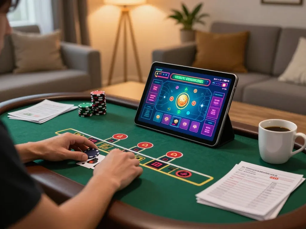 dh88 player enjoying a live dealer blackjack game at home, depicting strategic gameplay and vibrant graphics.