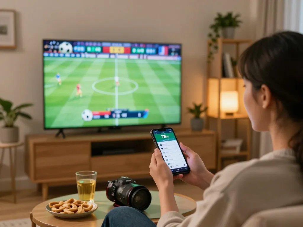 A person excitedly placing bets using the 78win app during a live soccer match at home