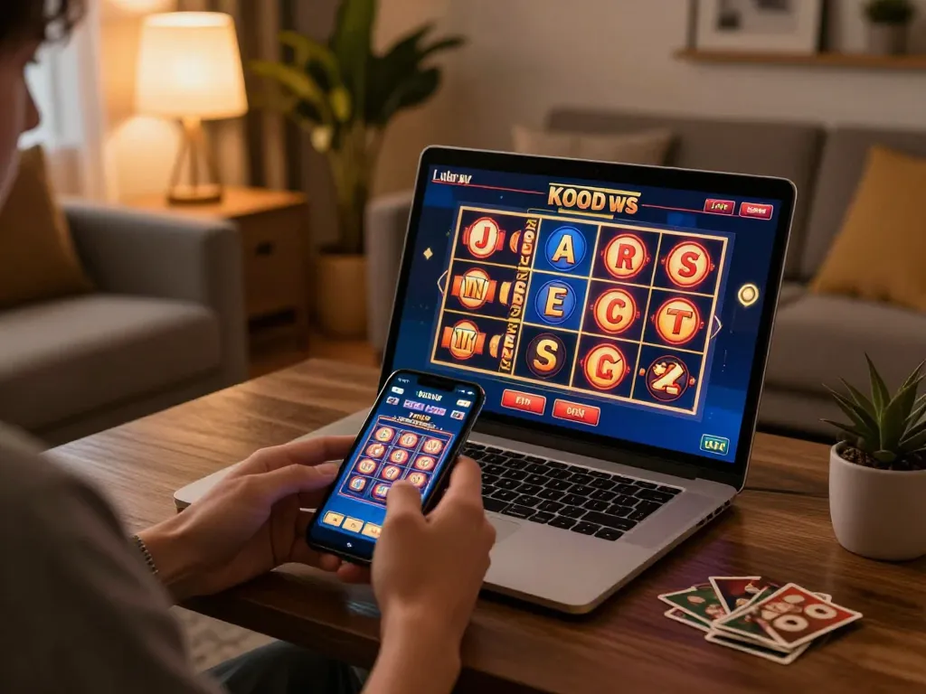 vic88 slot gameplay on a smartphone in a stylish home setting with warm lighting