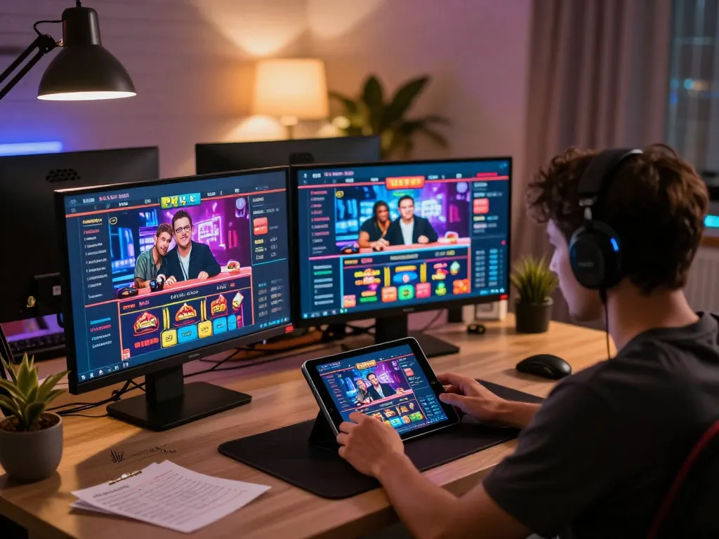 Engaging player using the llwin casino app on a tablet in a cozy home office setting.