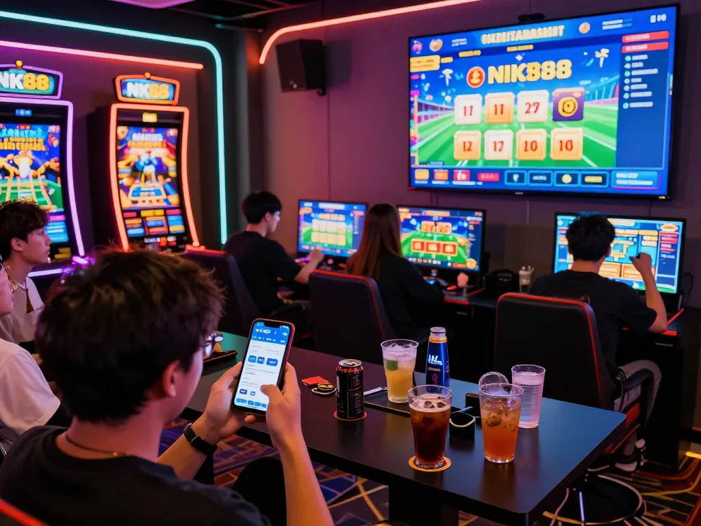 Players enjoying NK88 online gaming promotions in a vibrant, modern lounge setting.