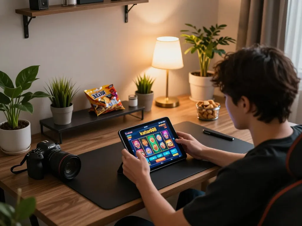 Sesi permainan yang menarik pada slot kaisar888 ditampilkan di tablet selama malam permainan santai di rumah.