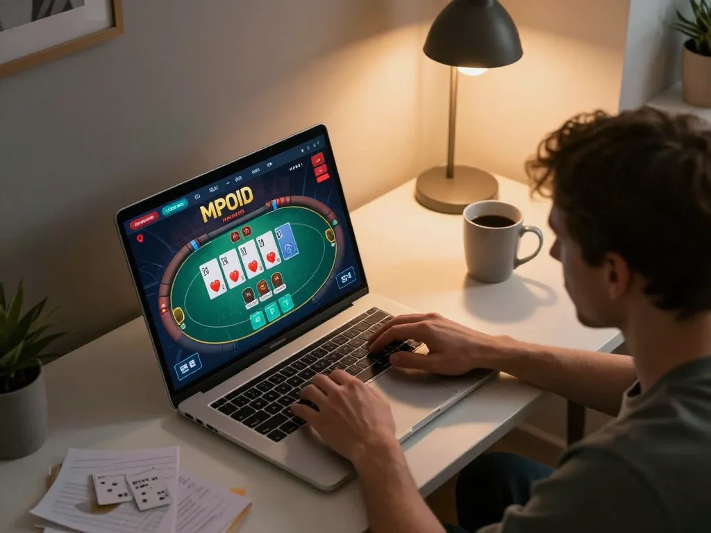 MPOID online gaming session with poker interface on laptop, showcasing comfortable home setup