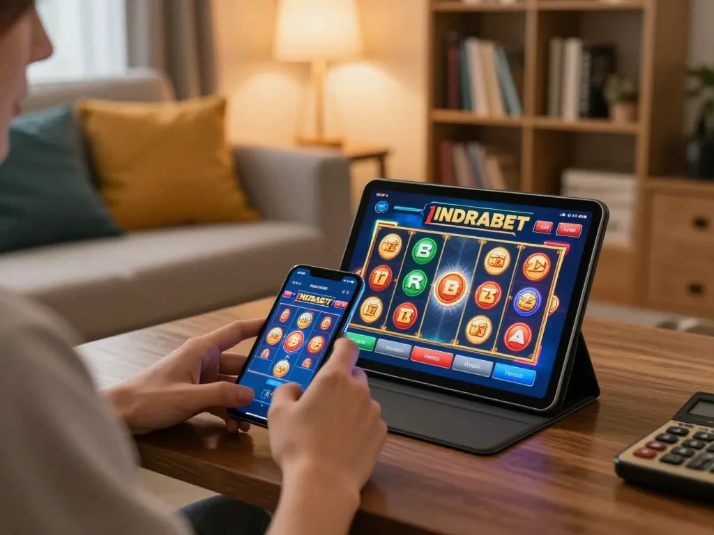 Engaging in INDRABET slot gameplay on mobile device at a cozy home setup, showcasing relaxed gaming atmosphere.