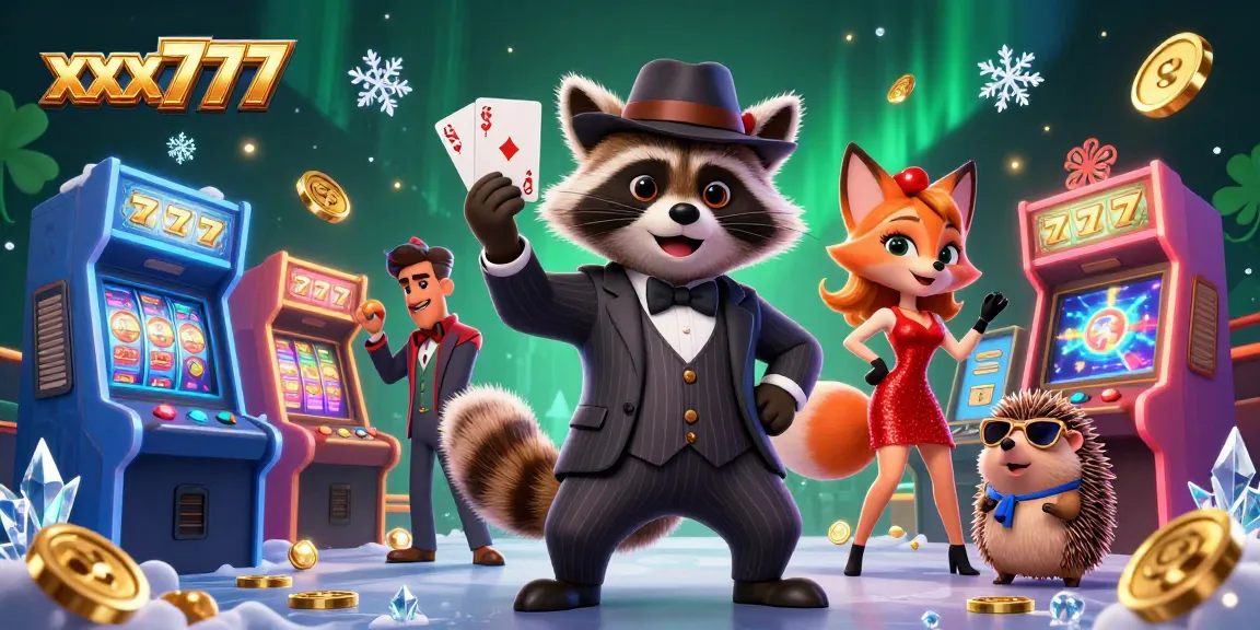 Experience thrilling gameplay at xxx777 with joyful raccoon and stylish companions amidst a vibrant casino scene.