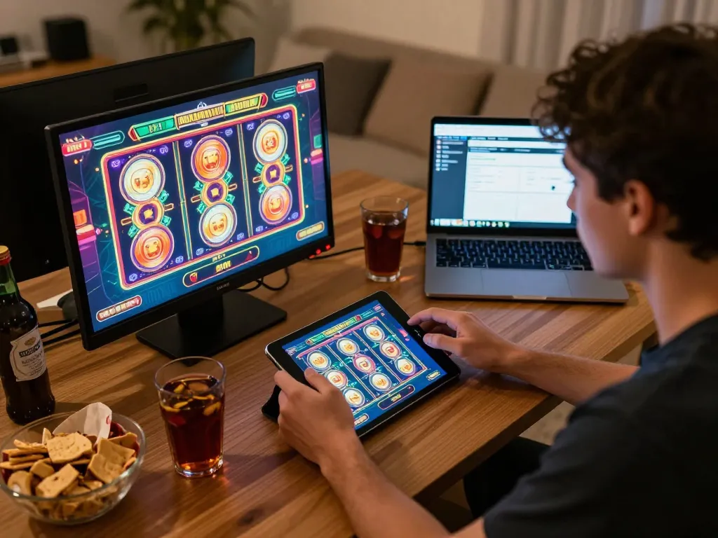 Player engaging with ssbet77 app showcasing vibrant online slots in a cozy home setting