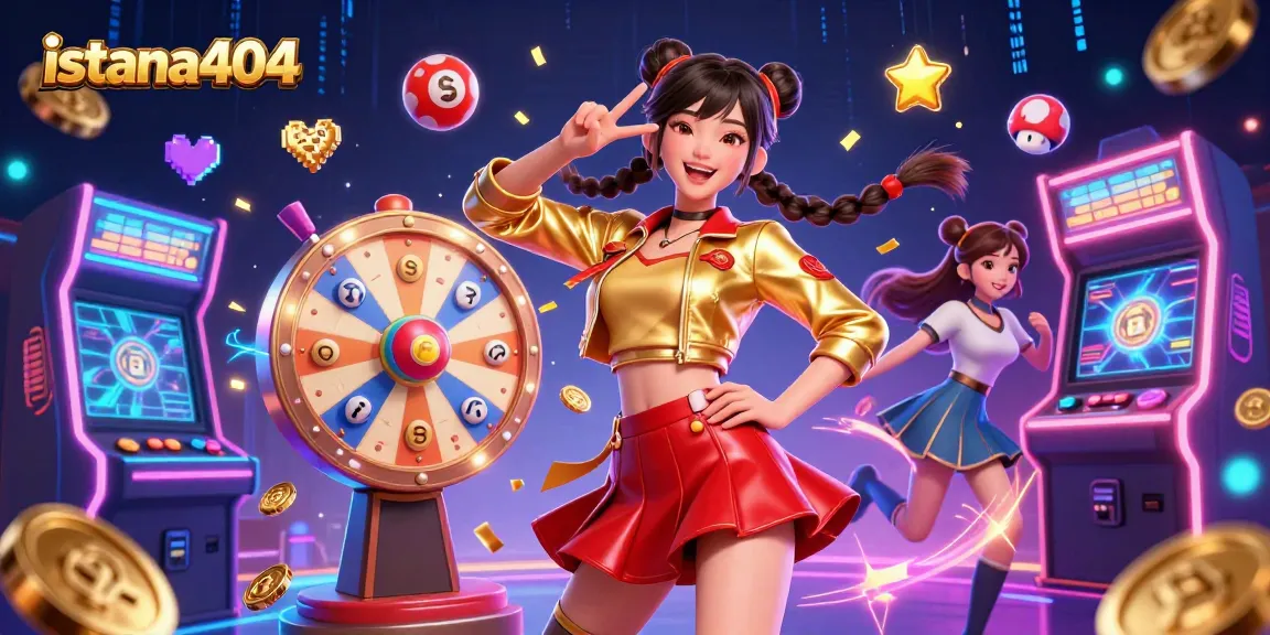 Engage with istana404's thrilling gaming experience featuring vibrant characters, arcade-style visuals, and energetic confetti.