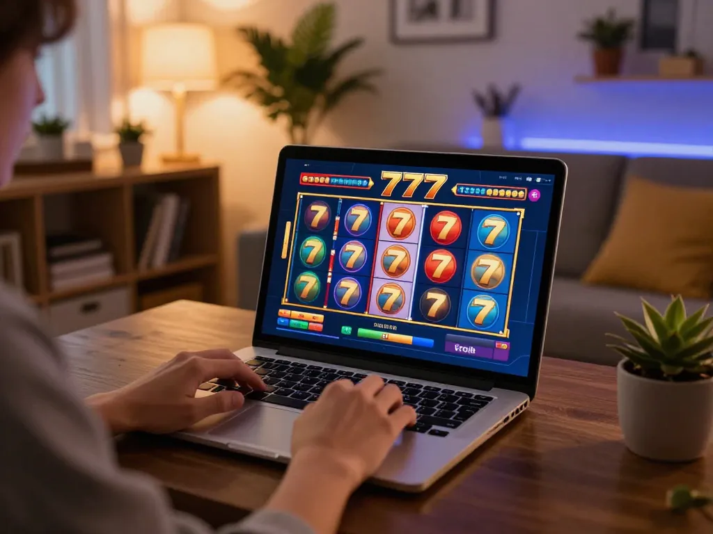 Pemain terlibat dengan gulungan berwarna-warni slot777 di laptop mereka dalam suasana ruang tamu yang nyaman