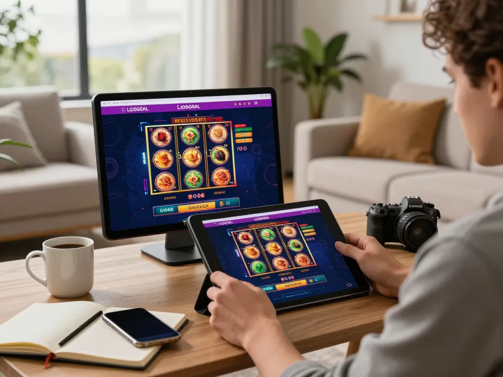 Engaging player interacting with LGOGOAL platform on tablet in a cozy home setting.