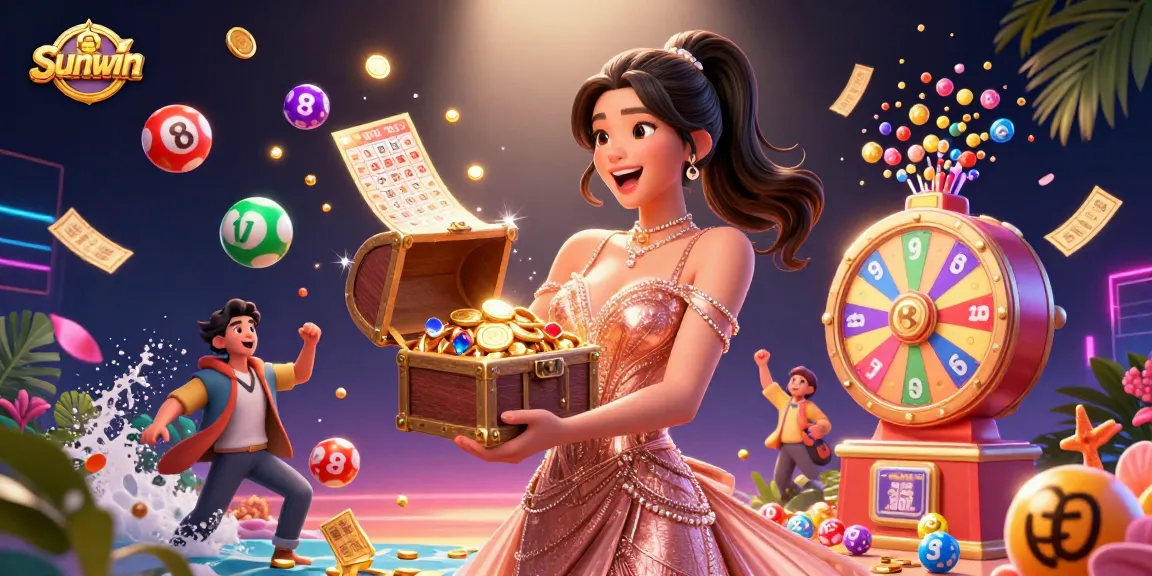 Engage with the thrilling rewards of Sunwin while exploring the vibrant casino treasure scene with golden coins and gems.