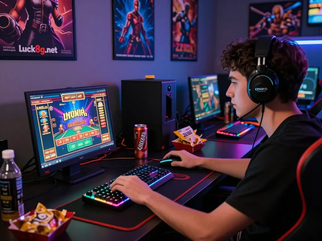 Dynamic gaming scene on https://luck8g.net with a focused player, vibrant graphics, and RGB peripherals.