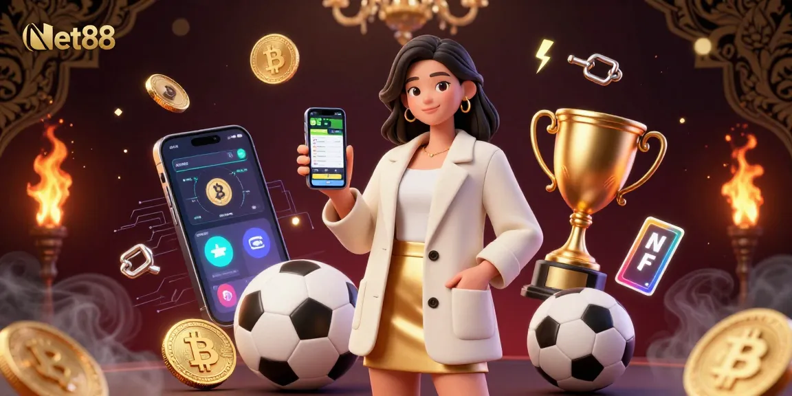 Engage with Net88's sports betting experience featuring stunning visuals of a friendly woman with a betting app.