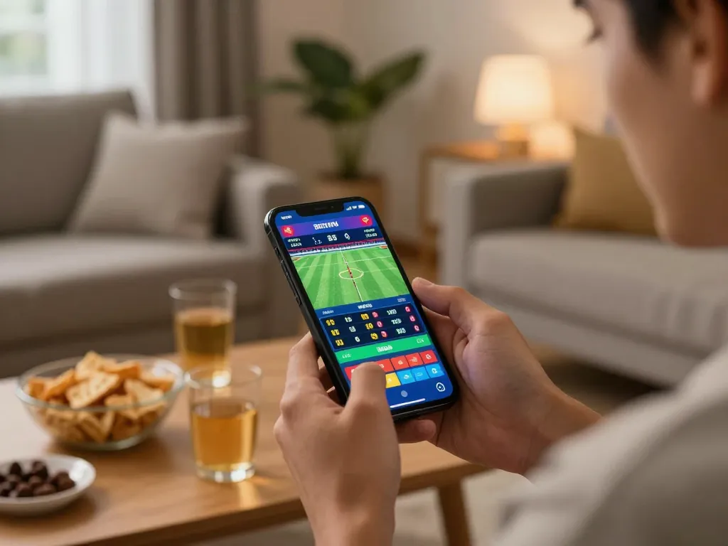 Kèo nhà cái seen in action as a person engages in live sports betting on smartphone in modern home.