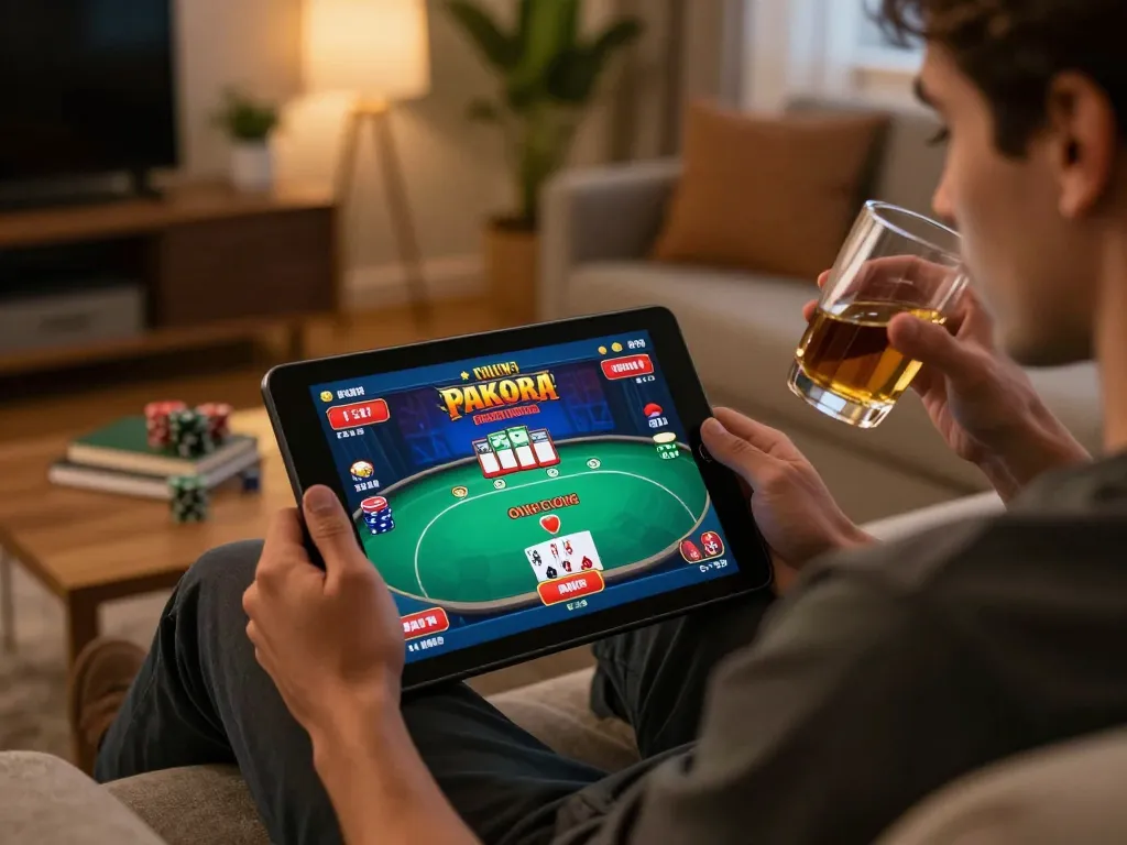 Player winning at vua 88 poker game on tablet in cozy home setup, showcasing responsible gaming.