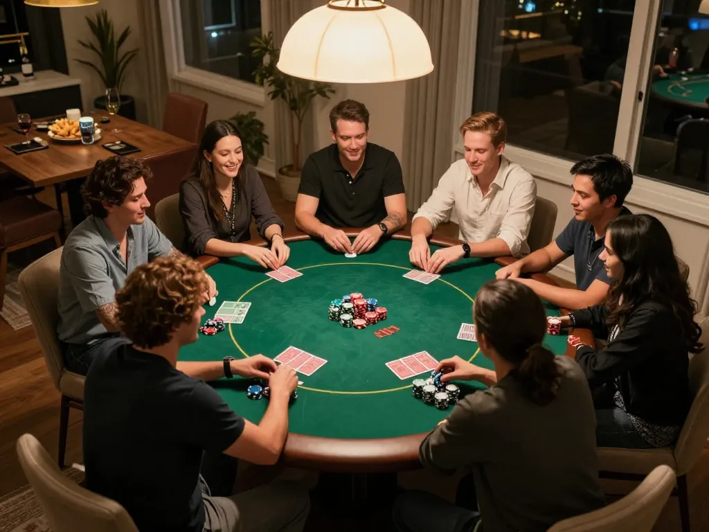 MPO08 players enjoying a friendly poker game night with snacks and drinks in a cozy home setting.