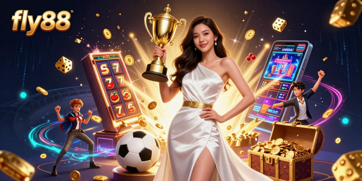 Win big with fly88 at a vibrant Asian casino, showcasing dynamic sports betting elements and a triumphant trophy.