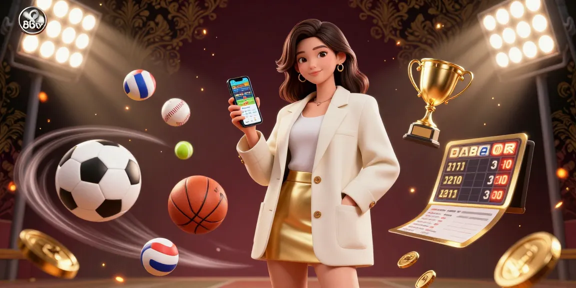 Engage with 88vv's vibrant sports betting scene featuring an Asian woman using a betting app amidst dynamic elements.