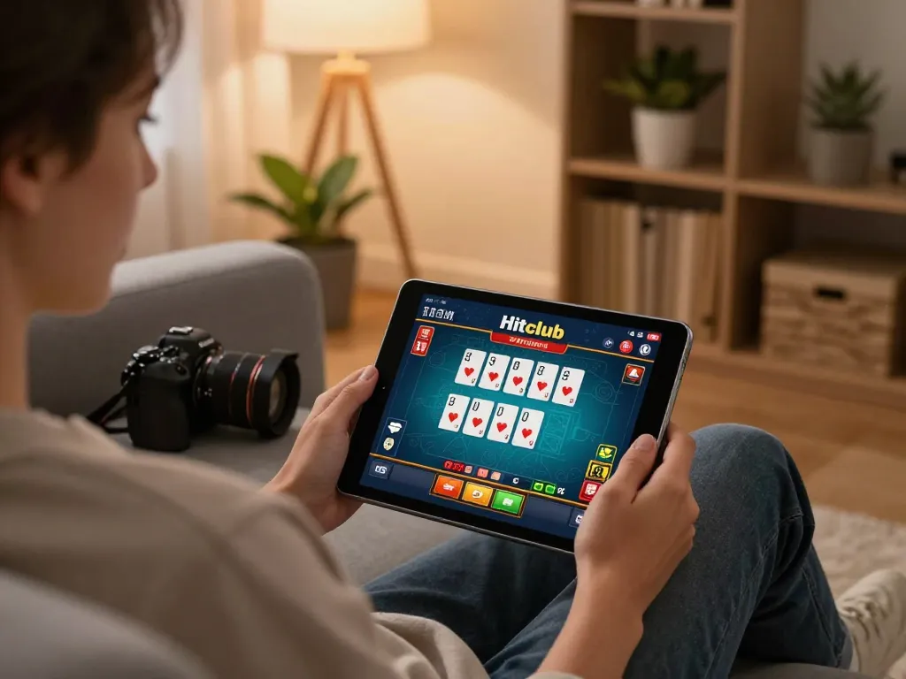 Engaged player enjoying Hitclub casino games on a tablet in a cozy home setting.