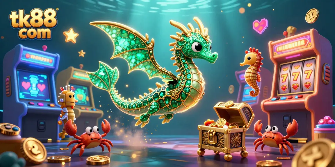 Experience the thrill of tk88 com with a vibrant underwater casino scene featuring engaging characters and slot game elements.
