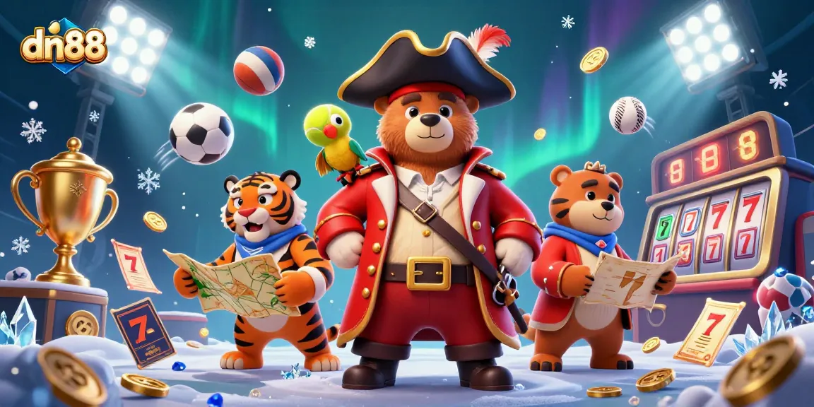 Engage with dn88's vibrant casino features: a 3D scene of a pirate captain bear and tiger amidst dynamic gaming elements.